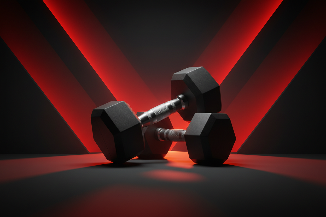 Two dumbbells on black and red background